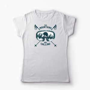 Tricou Personalizat Schi The Mountains Are Calling - Femei-Alb