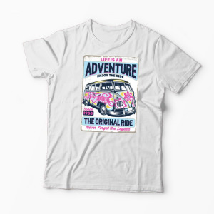 Tricou VW Bus T1 - Viața Este o Aventură, Bucură-te - Bărbați-Alb