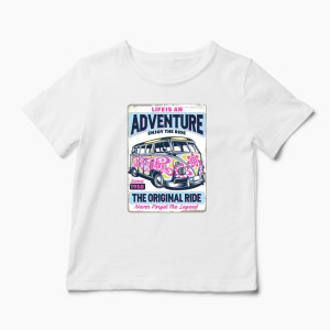 Tricou VW Bus T1 - Viața Este o Aventură, Bucură-te - Copii-Alb