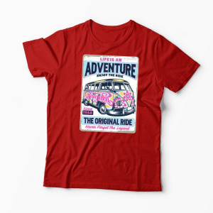 Tricou VW Bus T1 - Viața Este o Aventură, Bucură-te - Bărbați-Roșu