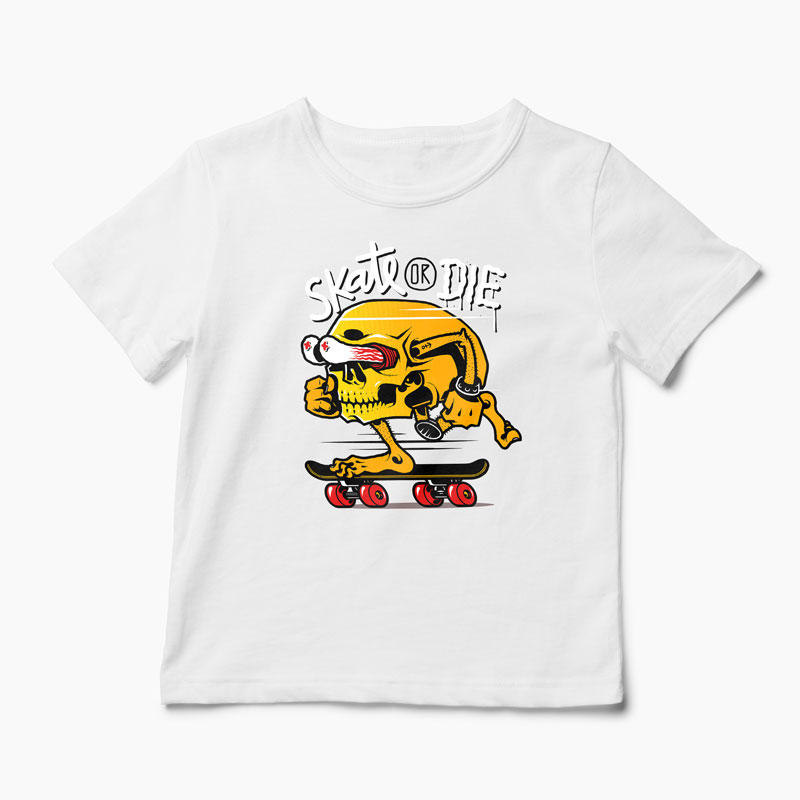 Tricou Craniu Skate or Die - Copii-Alb