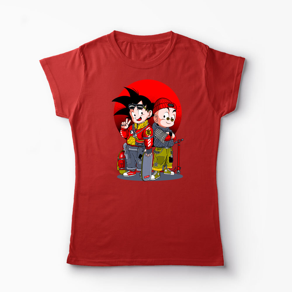 Tricou Personalizat Saiyan Son Goku & Krillin - Femei-Roșu