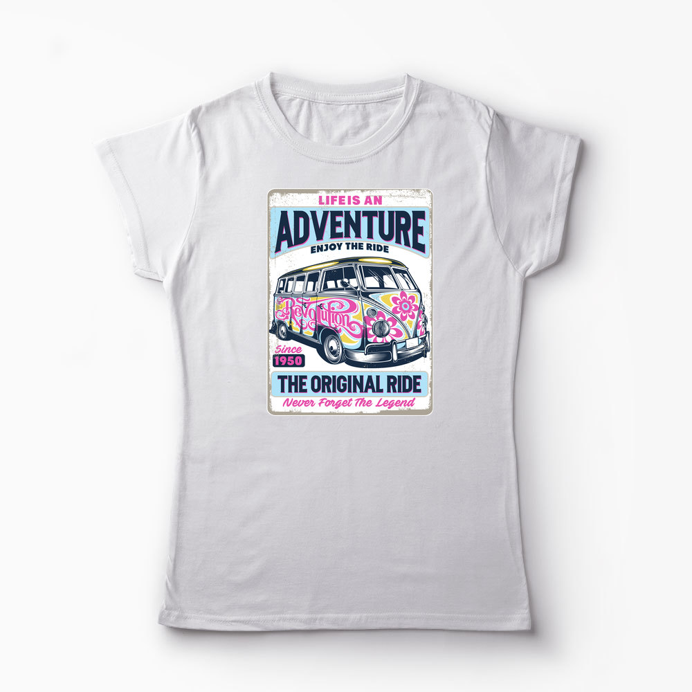 Tricou VW Bus T1 - Viața Este o Aventură, Bucură-te - Femei-Alb