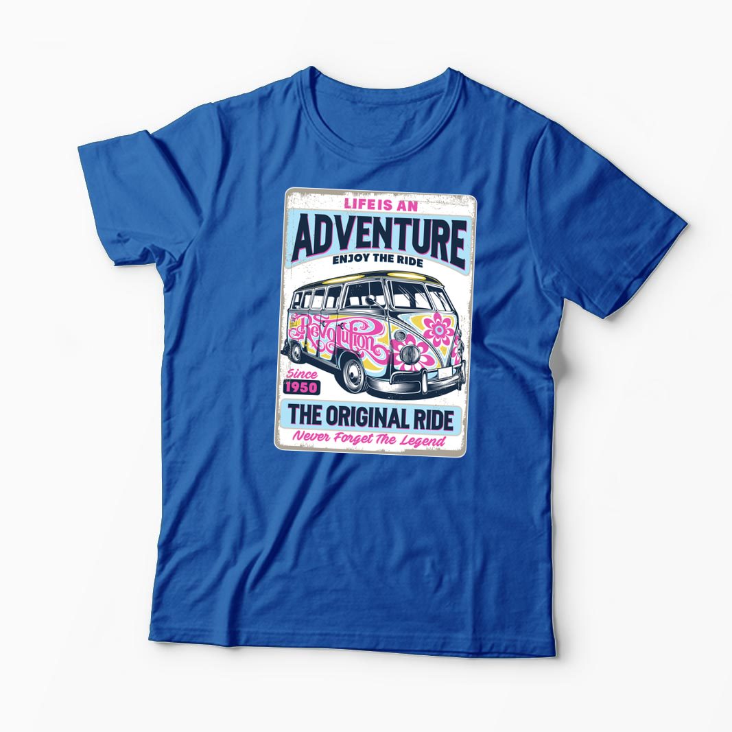 Tricou VW Bus T1 - Viața Este o Aventură, Bucură-te - Bărbați-Albastru Regal