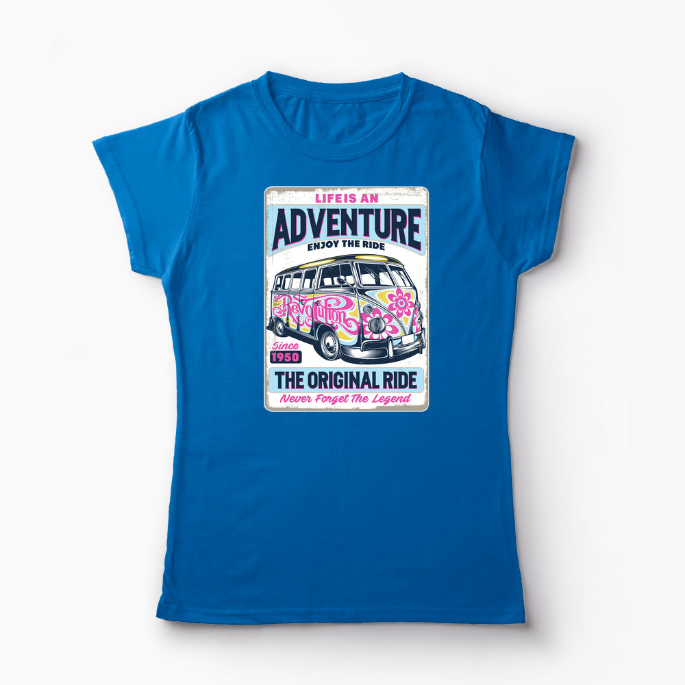 Tricou VW Bus T1 - Viața Este o Aventură, Bucură-te - Femei-Albastru Regal