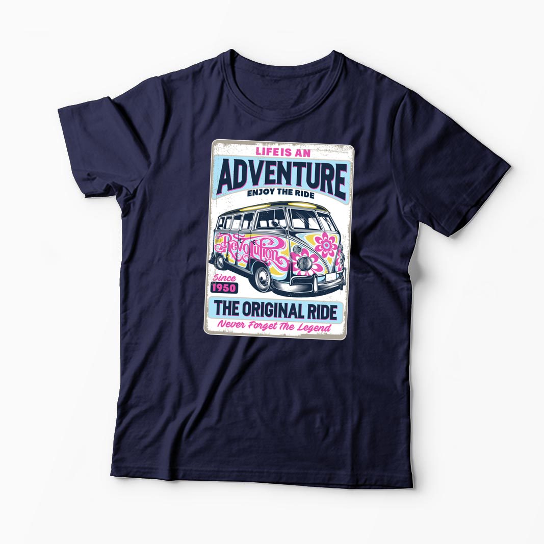 Tricou VW Bus T1 - Viața Este o Aventură, Bucură-te - Bărbați-Bleumarin