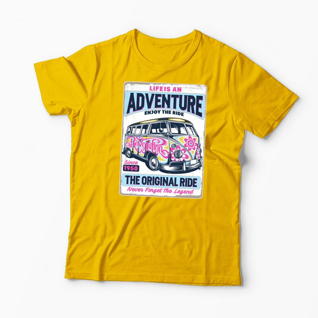 Tricou VW Bus T1 - Viața Este o Aventură, Bucură-te - Bărbați-Galben