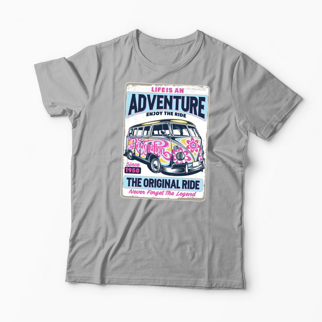 Tricou VW Bus T1 - Viața Este o Aventură, Bucură-te - Bărbați-Gri