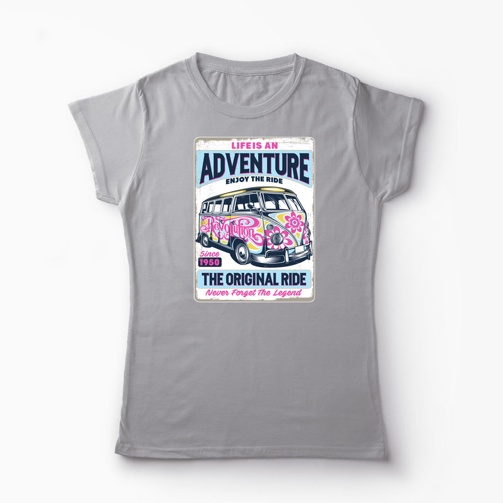 Tricou VW Bus T1 - Viața Este o Aventură, Bucură-te - Femei-Gri