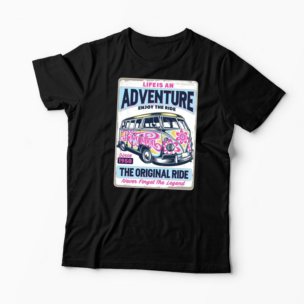 Tricou VW Bus T1 - Viața Este o Aventură, Bucură-te - Bărbați-Negru