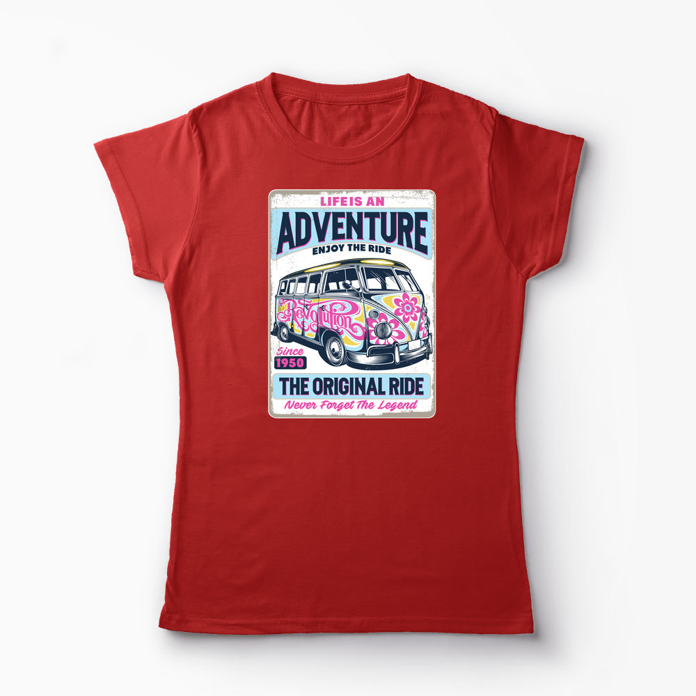 Tricou VW Bus T1 - Viața Este o Aventură, Bucură-te - Femei-Roșu