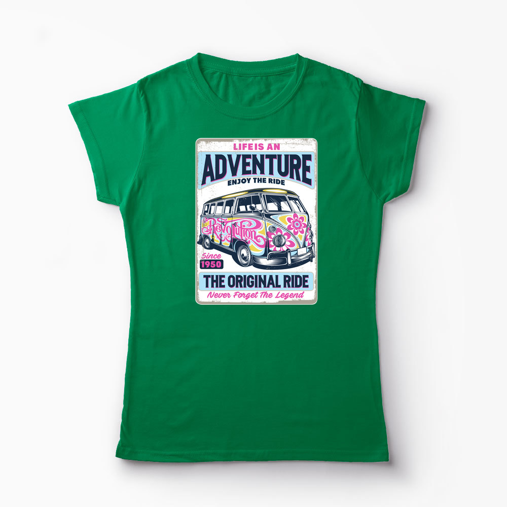 Tricou VW Bus T1 - Viața Este o Aventură, Bucură-te - Femei-Verde